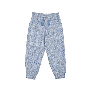 blue and white printed girls trousers