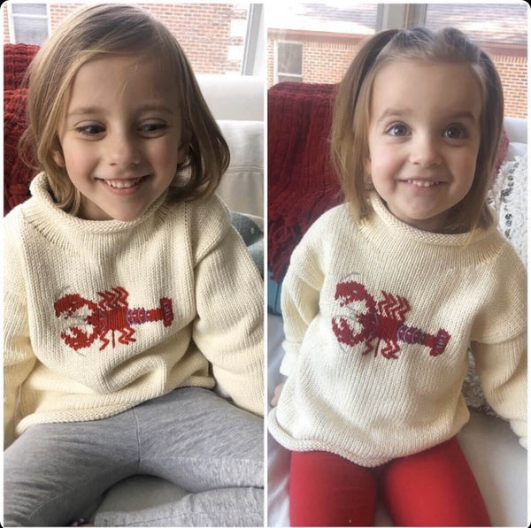 younger and older sister wearing the same ivory lobster roll neck sweater in side by side photo