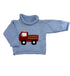 long sleeve light blue sweater with red firetruck