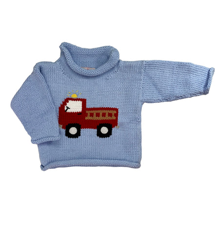 long sleeve light blue sweater with red firetruck