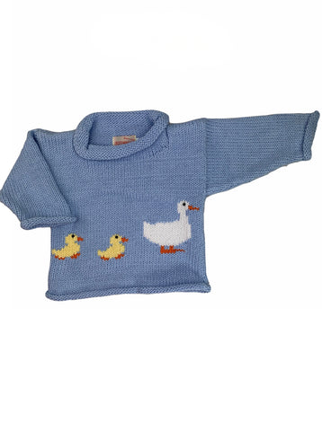 long sleeve blue sweater with white duck and two yellow baby ducks