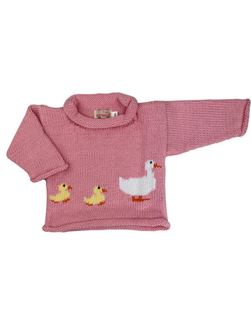 pink long sleeve sweater with white duck and two small yellow ducks following