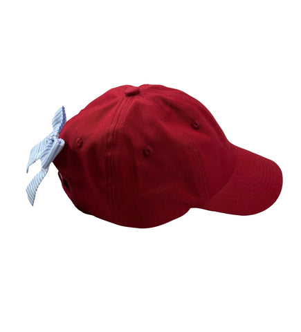 side view of hat showing blue and white striped seersucker bow