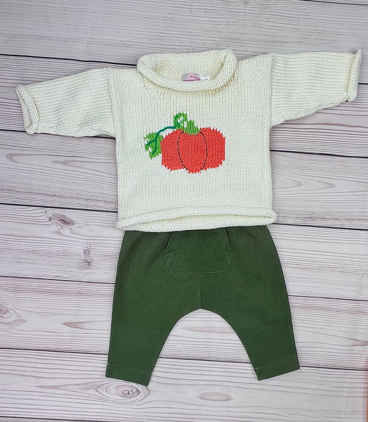 pumpkin sweater with green corduroy pants