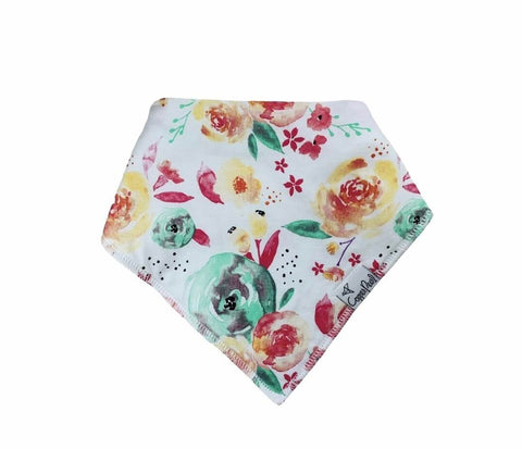 white triangle shaped bib with green, yellow, orange and pink floral print all over