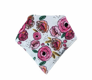 white triangle shaped bib with pink, yellow and green floral print all over