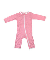 pink coverall front showing zipper