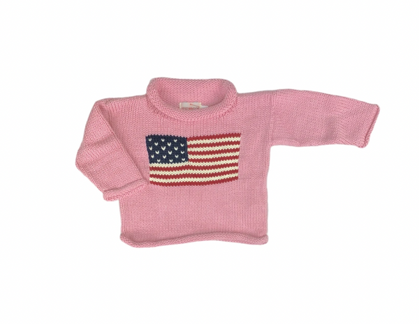 pink long sleeve sweater with red white and blue american flag in center