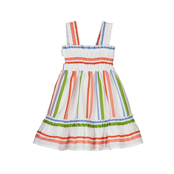 white dress with multi colored stripes