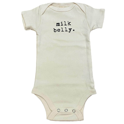Ivory onesie with "milk belly." written in black text