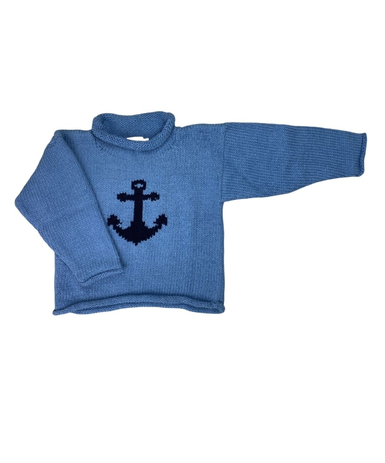 long sleeve light blue cotton sweater with dark navy anchor in center