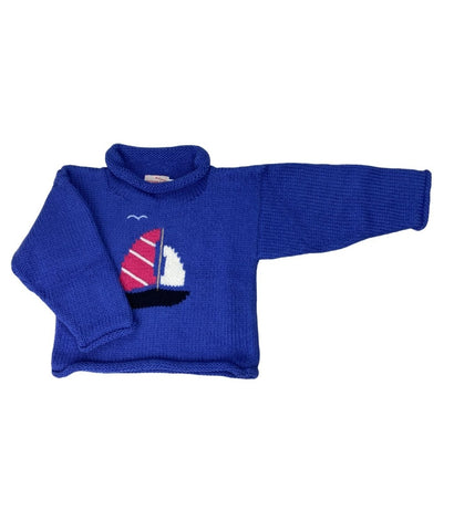 long sleeve blue cotton sweater with pink, white and dark navy sailboat design in center