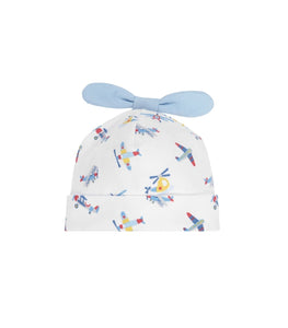 white hat with airplane and helicopter print all over with blue propellor at top