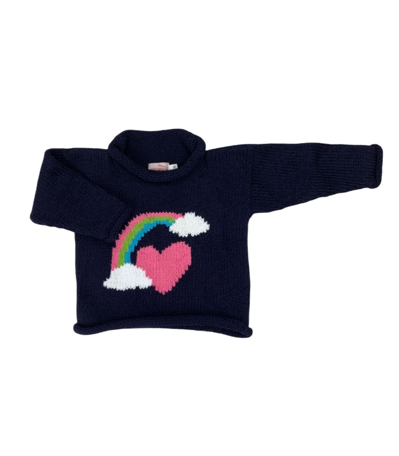long sleeve navy sweater with a pink, green and blue rainbow and two white clouds, in the center there is a pink heart