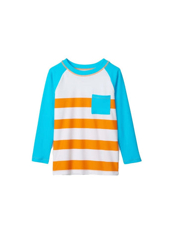 orange and white striped rashguard with blue sleeves and blue pocket - Hatley swim top