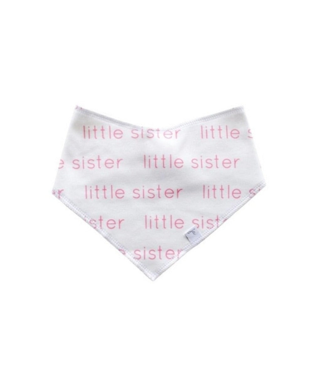 white bib with little sister written all over
