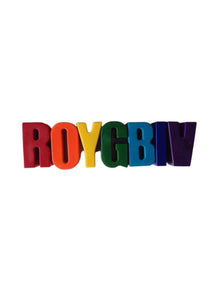 ROYGBIV rainbow crayons, each crayon is a letter