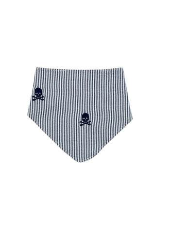navy and white striped bib with navy embroidered pirate skulls