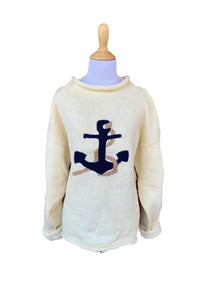 ivory sweater with navy anchor with tan rope going through it