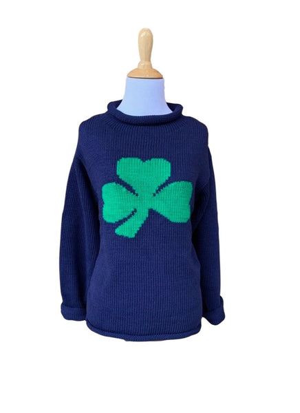 navy long sleeve sweater with green shamrock in center