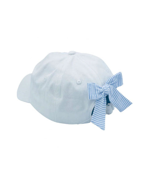 back of hat with blue and white seersucker bow