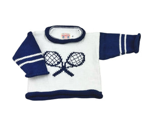 long sleeve sweater with blue arms with white stripes collar and bottom trim are blue and tennis rackets are blue