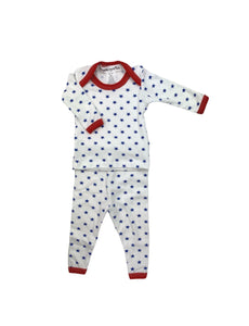 long sleeve pajamas, white with blue stars and red lining on collar and wrists and ankles