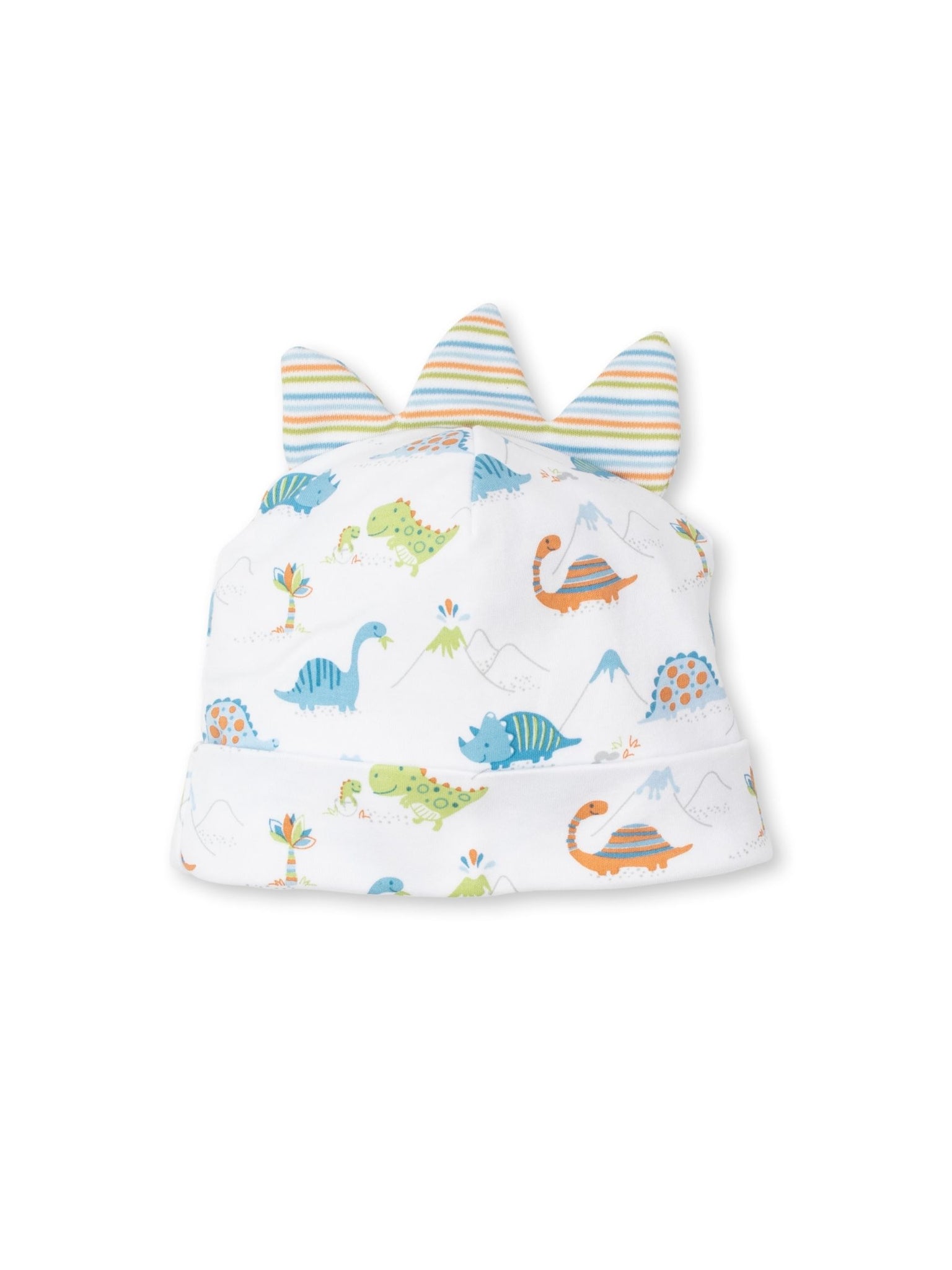 white hat with orange, blue and green dinosaur print with striped mane on top