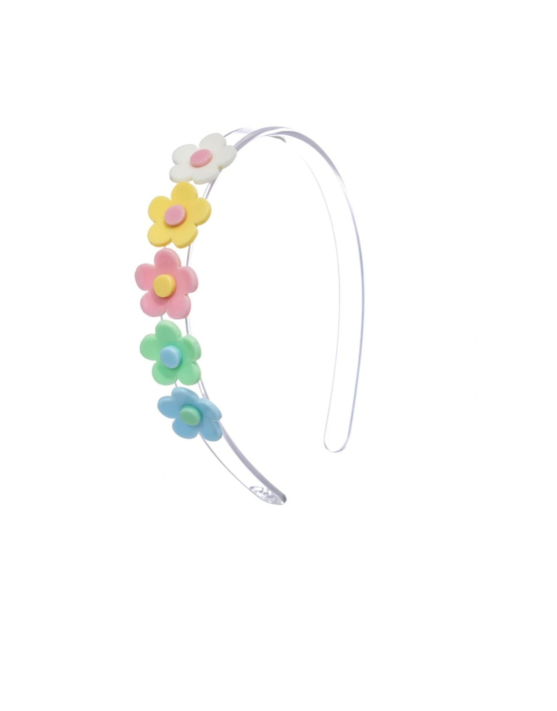 clear headband with 5 pastel flowers on it