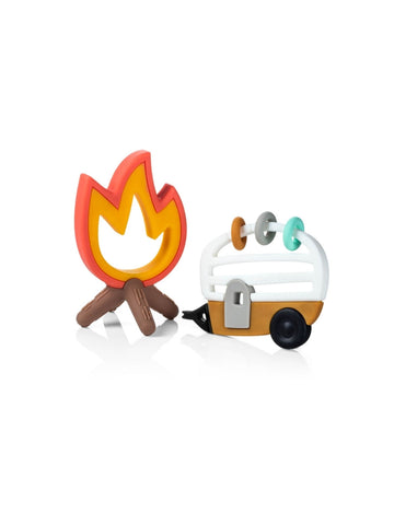 teether toy that looks like a firepit and a caravan