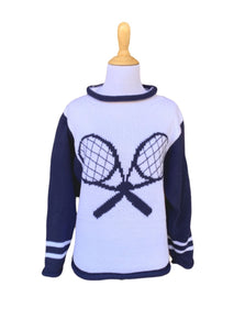 white sweater with navy sleeves and navy tennis rackets on the front