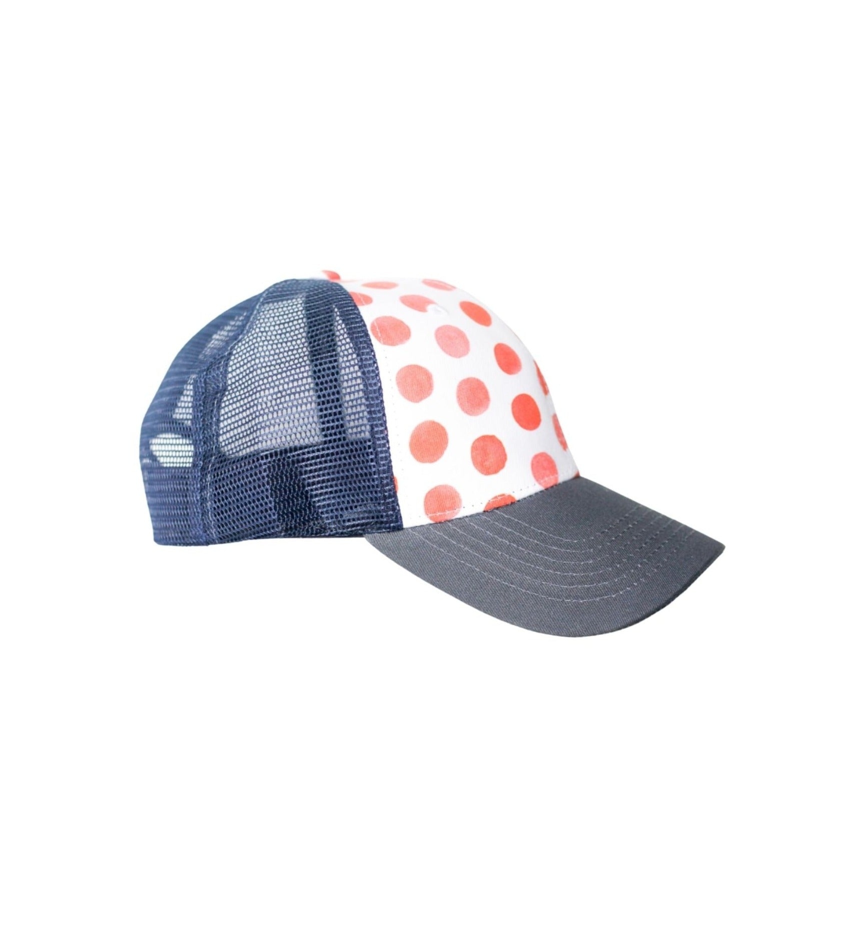 side view of orange polka dot and blue trucker hat