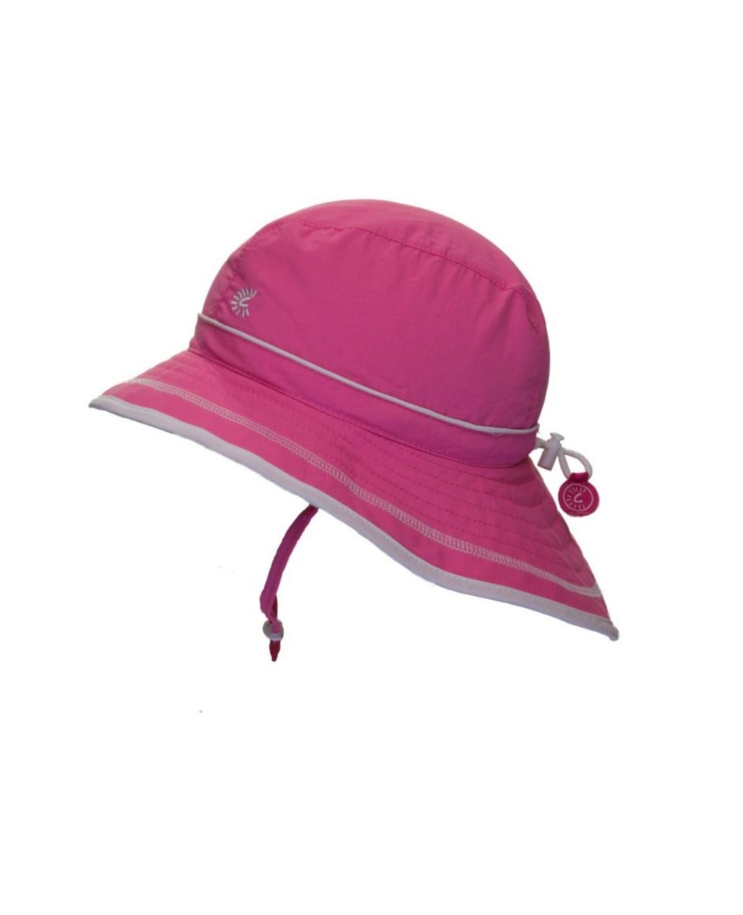 pink sun hat with white details and adjustable straps