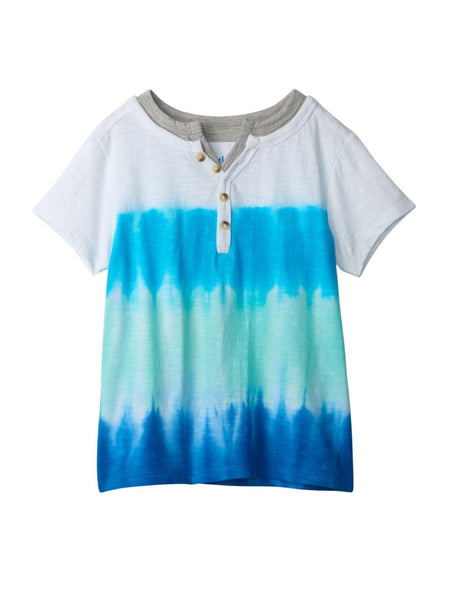 short sleeve tee with tie dye 3 shades of blue and buttons at top - Hatley kids tee