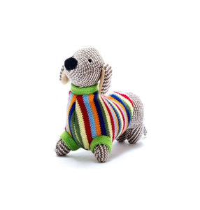 dachshund knitted rattle with striped sweater