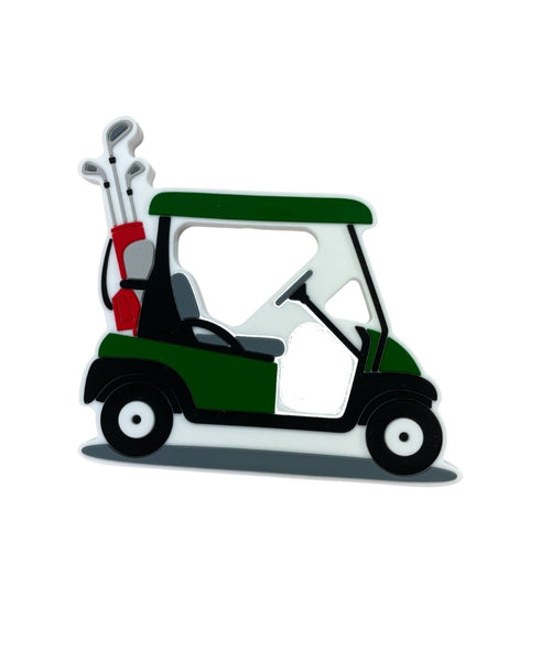 green golf cart teether with a red bag of golf clubs in the back