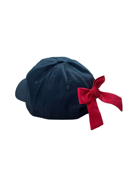back of hat shows red bow