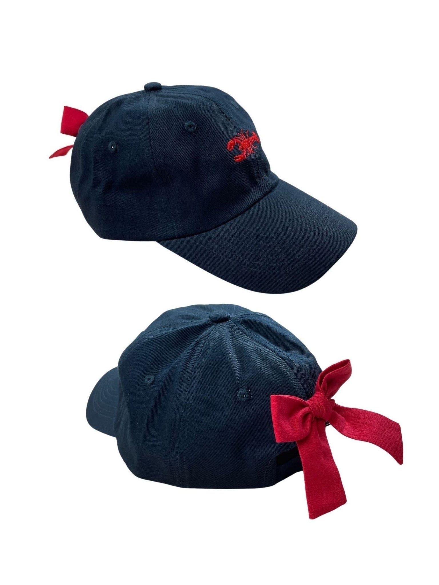 navy baseball hat with red bow and lobster on front