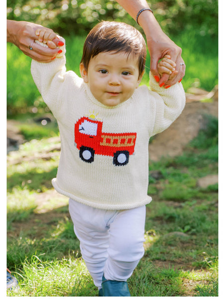 baby wearing Ivory Firetruck sweater