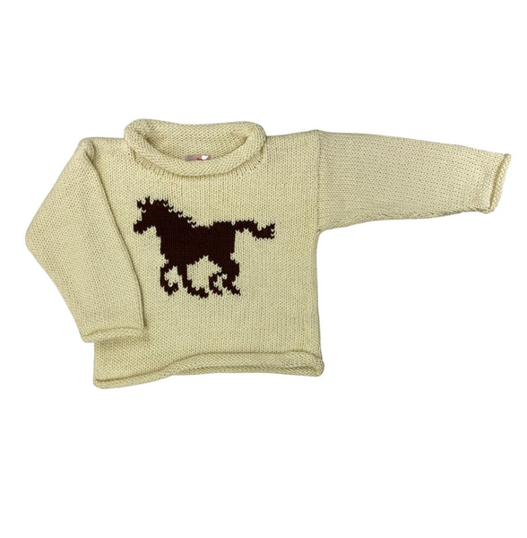ivory long sleeve sweater with brown horse