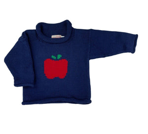 navy long sleeve sweater with red apple