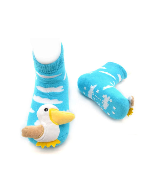 blue socks with Pelican plush on toe