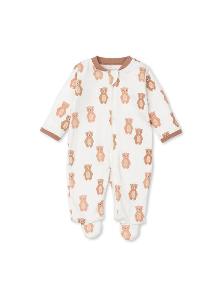 white long sleeve footie with brown bears all over and brown trim