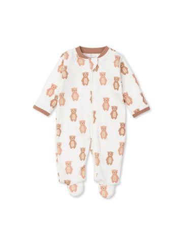 white long sleeve footie with brown bears all over and brown trim