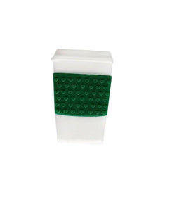 white coffee cup with green sleeve with hearts