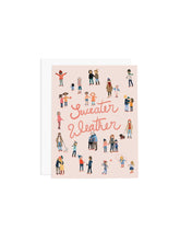 card that says Sweater Weather with many people and families dressed in winter clothing