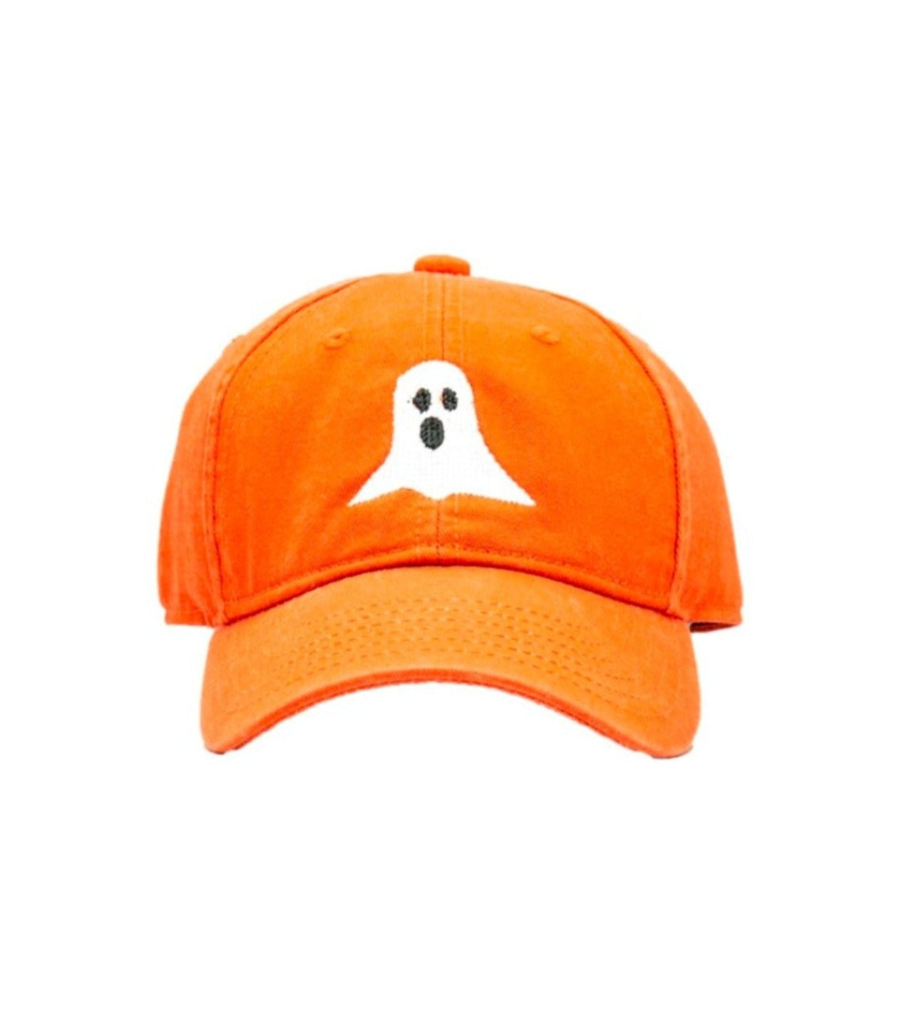 orange baseball hat with white ghost embroidered