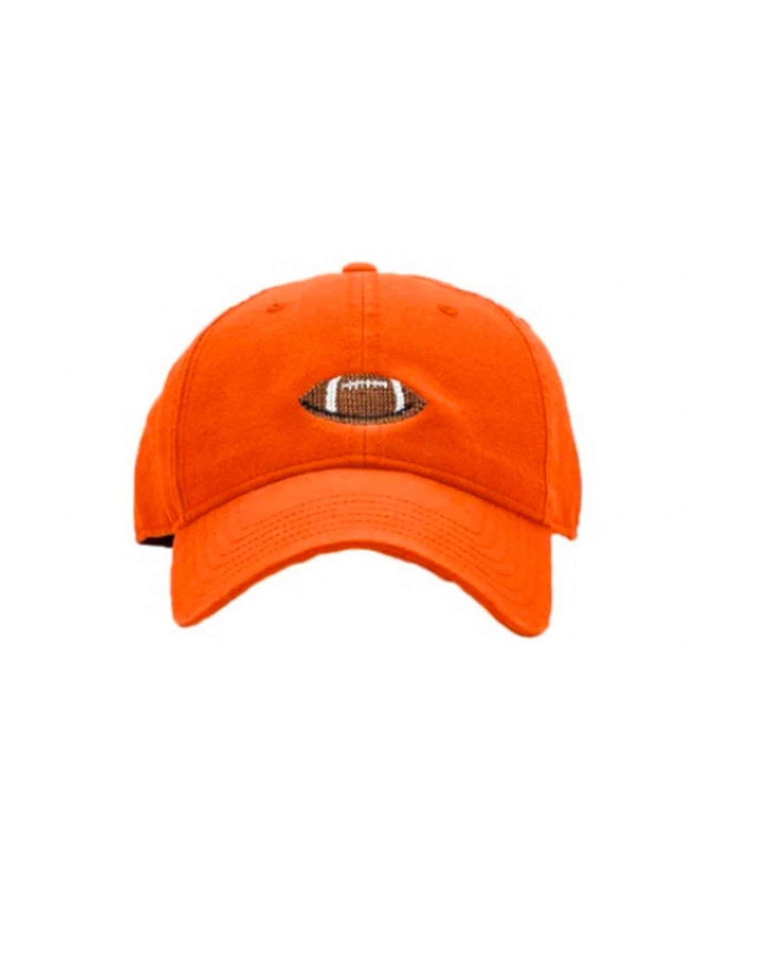 persimmon orange hat with brown and white football