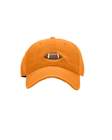light orange hat with brown and white football