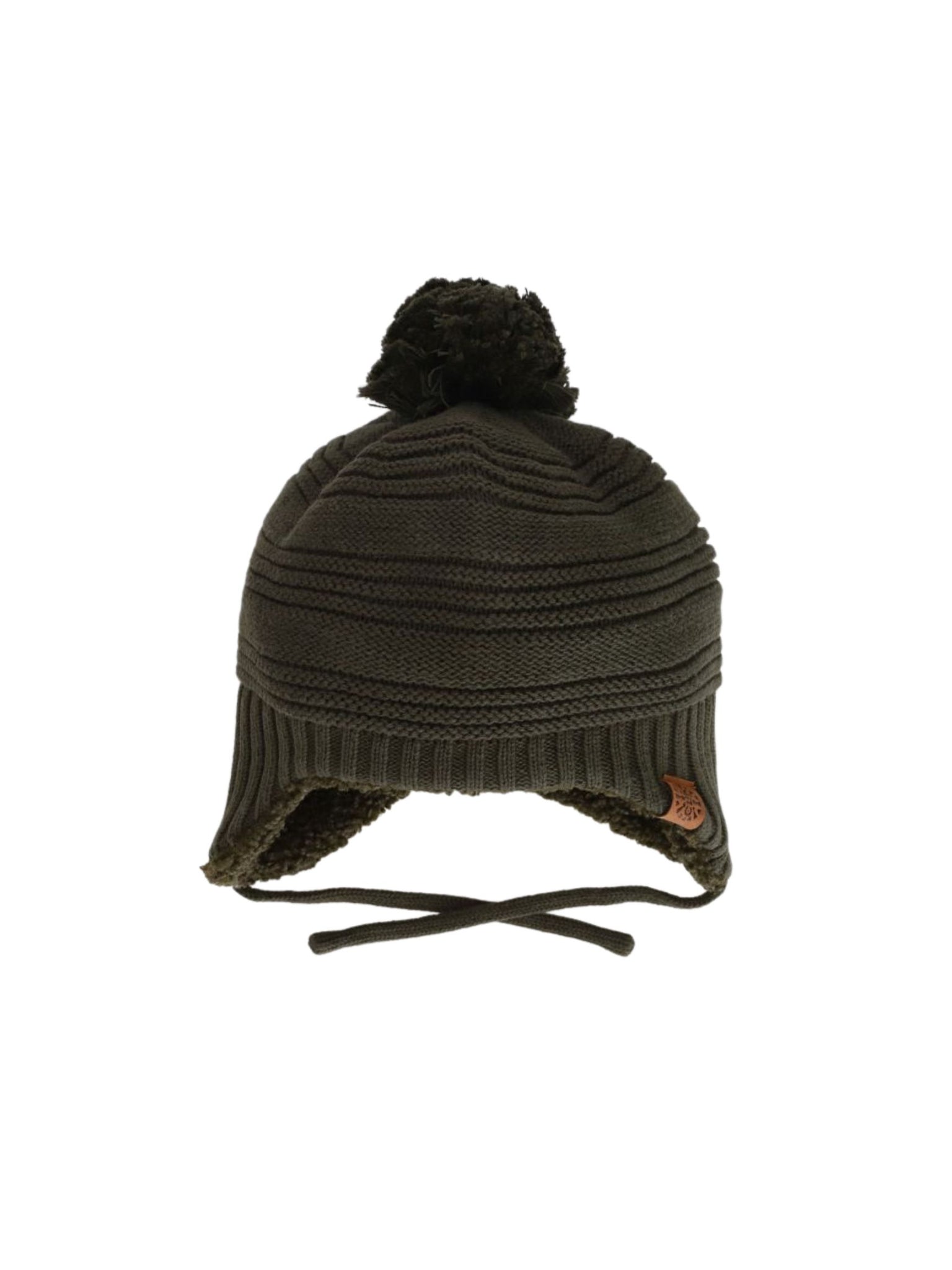 olive knit hat with pom and chin straps